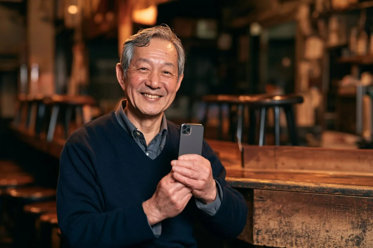 閉店後のカウンターでスマートフォンを見る店主